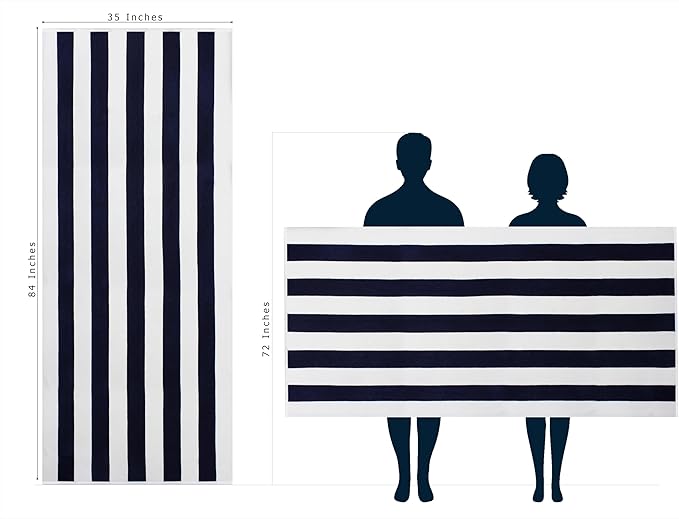 COTTON CRAFT Oversized Beach Towels - Set of 2 - XXL 35x84 The Big Kahuna 7 Foot Extra Large Beach Blanket Towel - Big & Tall - Huge 100% Cotton Velour Soft Luxury Pool Bath Towel - Cabana Stripe Navy