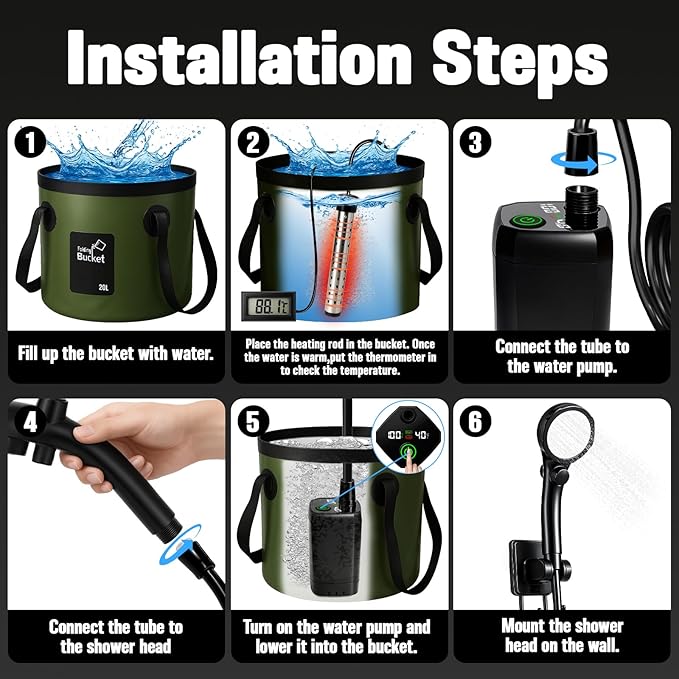 Portable Shower for Camping, 6000mAh Rechargeable Camp Shower Pump with Large Capacity Foldable Bucket, Filtered Shower Head, Outdoor Camping Shower Kit for Travel, Pet Bath, Car Washing