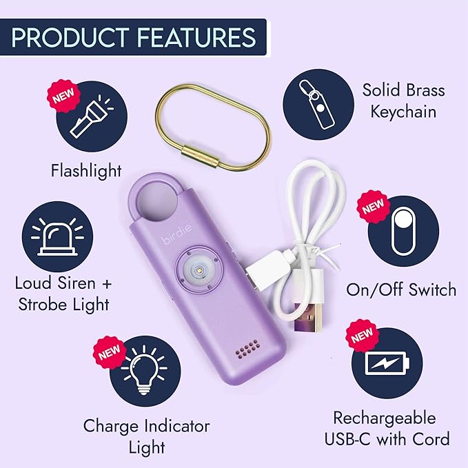She’s Birdie 3.0 New Version – The Original Personal Safety Alarm for Women by Women–Loud Siren, Flash Light and Rechargeable Battery in a Variety of Colors (Metallic Lavender Purple)