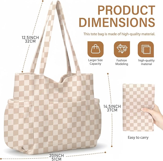 Corduroy Tote Bag for Women,Large Capacity Cute Tote Bags With 6 Pockets,Crossbody Shoulder Handbag for Work Travel Gym