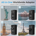 Universal Travel Adapter with 3-in-1 Charging Cable, International Power Adapter with 1 AC Outlet, 1 USB-A & 2 USB-C Ports, Works in 150+ Countries (US/EU/UK/AU), Not a Voltage Converter