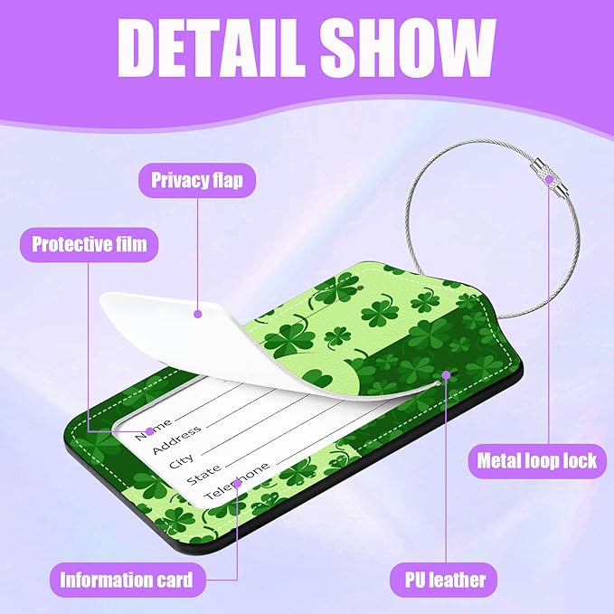 3 Pack St. Patrick's Day Shamrock Luggage Tags for Suitcase Lucky Clovers PU Leather Travel Luggage Tag Privacy Cover ID Label for Women Men Baggage Backpack Handbag School Bag