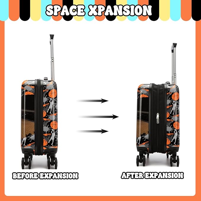 Kid’s Luggage Set 2 Piece Suitcase Set 16’’ Hardside Luggage with Spinner Wheels Girls Boys Carry on Toddler Luggage Travel Rolling Luggage Carry on Luggage Airline Approved Basketball