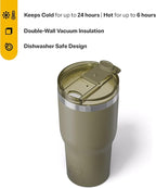 RTIC 30oz Essential Tumbler with Lid, Ceramic Lined, Insulated, Stainless Steel, Metal, Double Wall Vacuum-Insulation, Travel Cup for Iced Coffee, Tea, Hot and Cold Drink, Olive