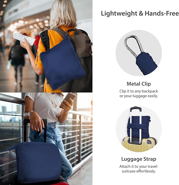 DEZ FURNISHINGS 4-in-1 Travel Compact Blanket Pillow Super Soft Velvet with Luggage Sleeve and Backpack Clip, Navy, 60" W x 45" H