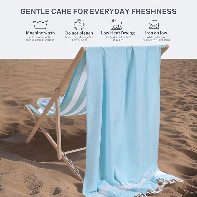 Cotton Turkish Beach Towel with Towels Oversized 36"x72" Pool Absorbent Extra Large Quick Dry Sand Travel Towel (Aqua Blue, 4 Pack)