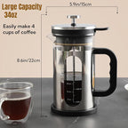 French Press Coffee Maker 34 oz, 1000ml Borosilicate Glass Stainless Steel Coffee Brewer with Reusable Filters Portable Coffee Press for Kitchen Travel Camping