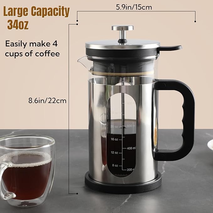 French Press Coffee Maker 34 oz, 1000ml Borosilicate Glass Stainless Steel Coffee Brewer with Reusable Filters Portable Coffee Press for Kitchen Travel Camping