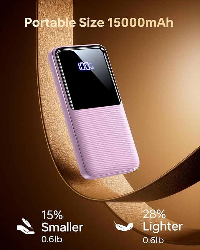 CFIAI Portable Charger Power Bank - 15000mAh Battery Pack Portable Phone Charger with Built in Cable 22.5W Fast Charging Powerbank Compatible with iPhone Android Samsung Phone, Lavender