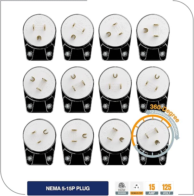 (3PACK) ETL Listed 90 Degree USA Canada Male Plug Nema 5-15P 3 Pole Angle DIY, 15A 125V USA 3Pin Right Angle AC Plug, Nema 5-15P Angled Rewireable