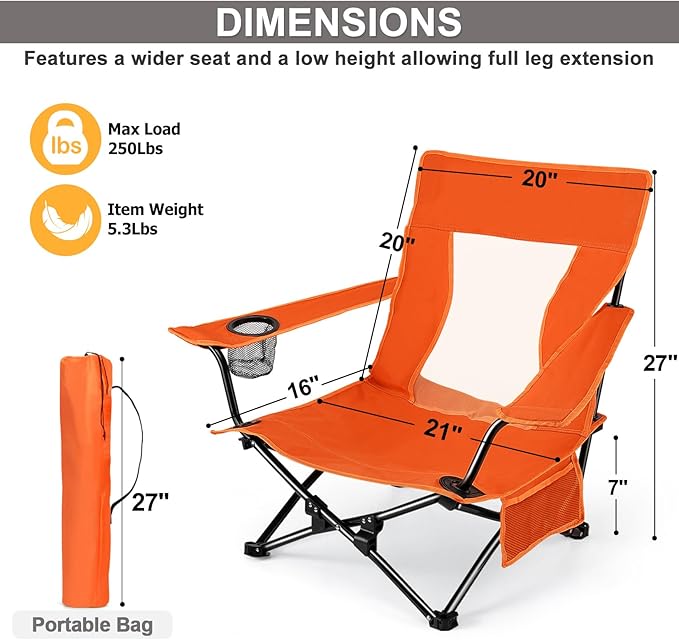 Joyfair Beach Camping Chair (2 Pack), Outdoor Folding Lawn Chair for Adults, Heavy Duty Portable Chair with Armrest for Outside Fishing, Sport, Patio, Cup Holder & Storage Pocket, Carry Bag (Orange)