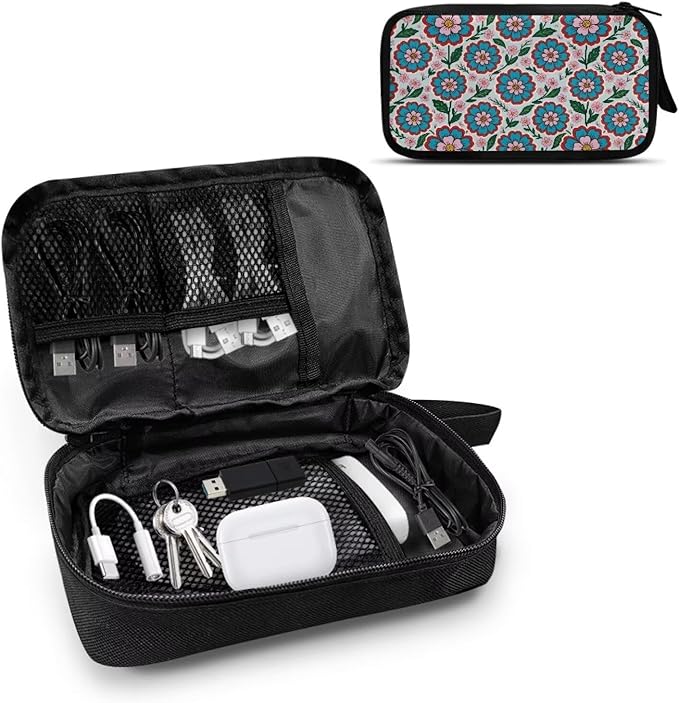 Blue Flowers Electronics Case Portable Electronic Accessories Carry Case Tech Pouch for Cable Cord Charger Phone Earphone Power Bank SD Card Travel Use