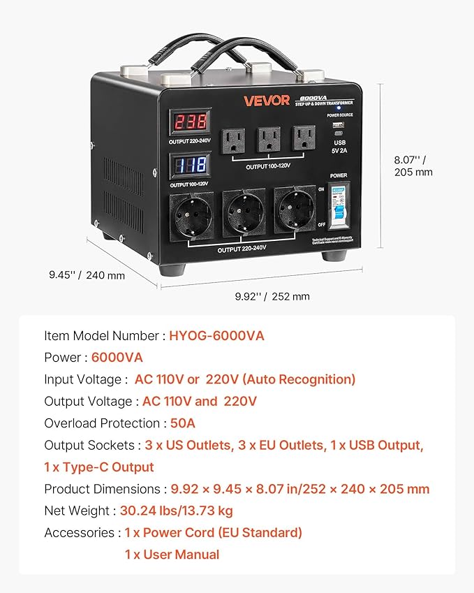 VEVOR Voltage Auto Converter Transformer, 6000VA, Heavy Duty Step Up/Down Power Transformer, 110V to 220V and 220V to 110V, with 3 US Outlets, 3 EU Outlets, LCD Display, Circuit Breaker Protection