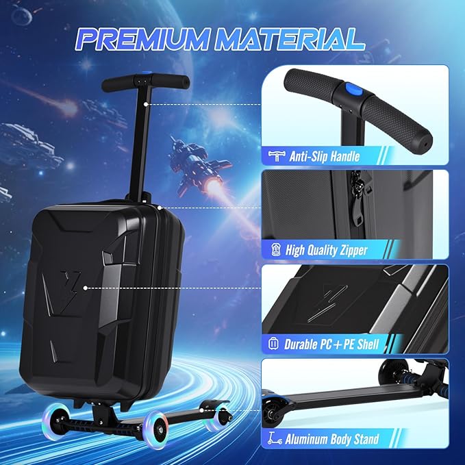 smilesun Scooter Suitcase for Kids & Adults, Foldable Carry On Travel Luggage, Hardside Ride on Scooter Suitcase with Spinner Wheels, Black