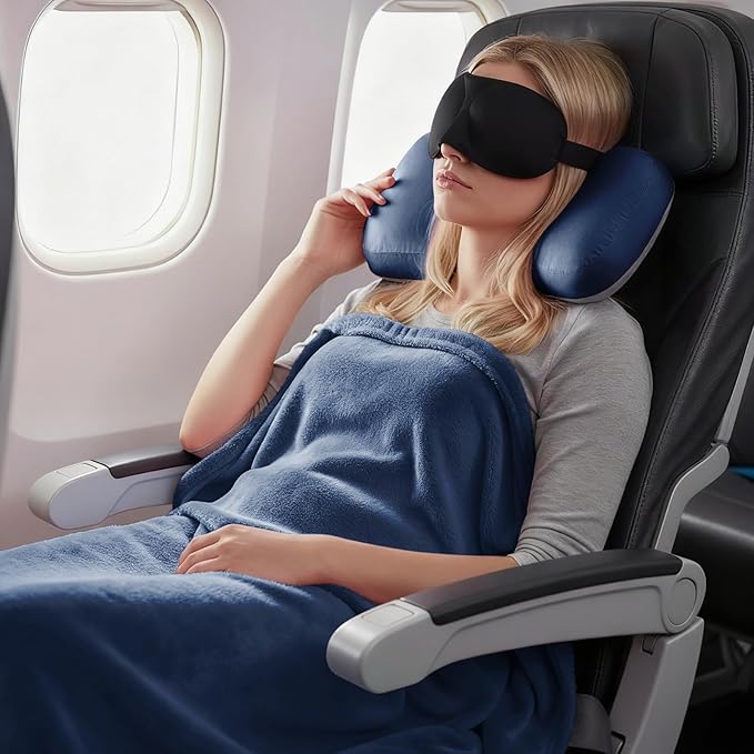 urnexttour 4-in-1 Travel Pillow & Blanket Set with Eye Mask, Memory Foam Neck Support, 50x65 Inch Blanket, Storage Bag for Airplane, Car, Train, Home Travel Blue