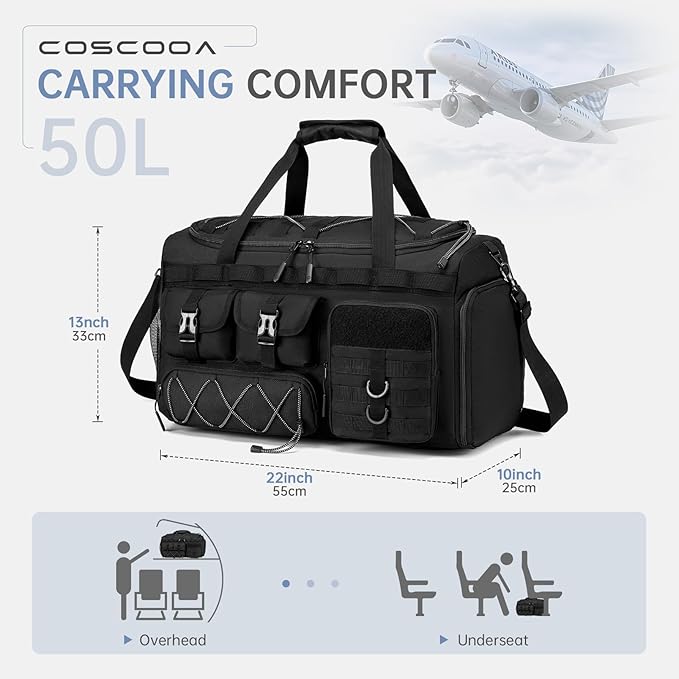Tactical Gym Bags for Men, Carry On Luggage 22x14x9 Airline Approved, 3 in 1 Duffle Bag with Shoe Compartment,Travel Backpack Weekender Overnight Range Bag for Workout Football, Black