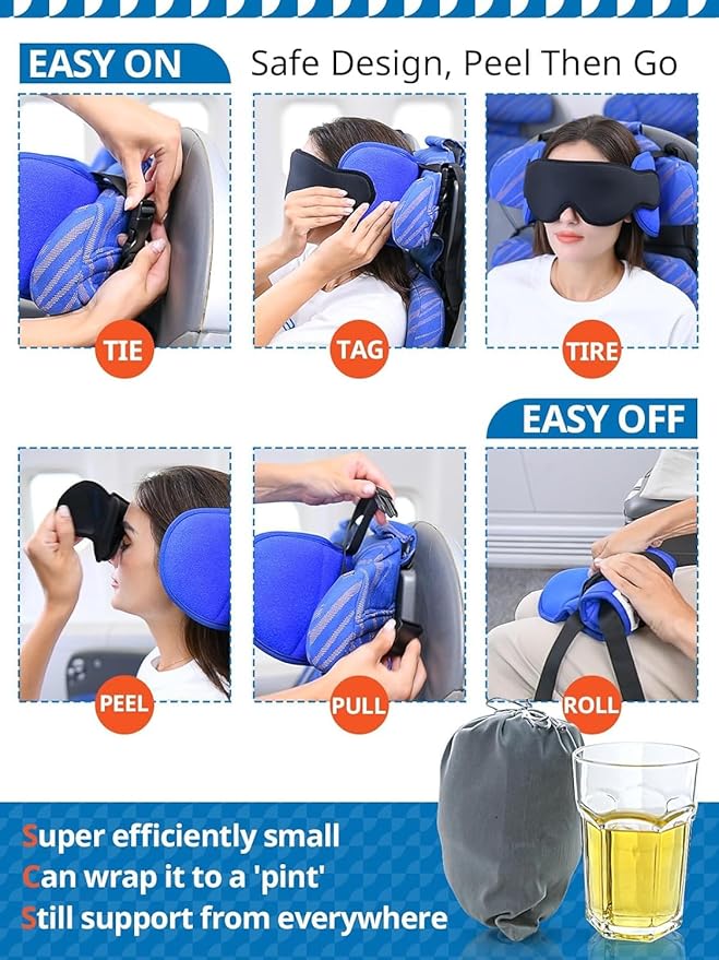 SARISUN Travel Pillows for Airplanes with Sleep Eye Mask, Chin Strap, Airplane Pillow for Long Flights, Car Road Trip, 360° Support Headrest, Travel Essentials Stop Bobblehead, Mottled Blue