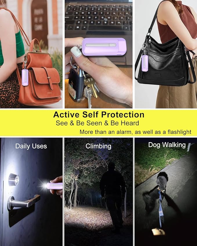 Personal Alarm for Women, Rechargeable with Safety Lights & Low Battery Notice, 130dB Siren with LED Flashlight Strobe Light for Emergency, Dual Light Sources Safety Keychain