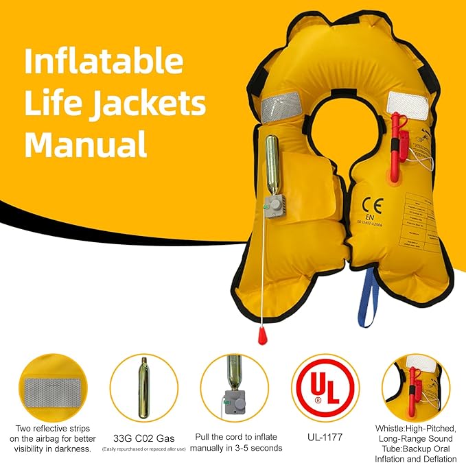 Manual Inflatable Life Jacket| Inflatable PFD Vest Adult| Life Vest for Adults| Outdoor Water Sports| Supports up to 330 lbs|33g of Carbon Dioxide Cylinder