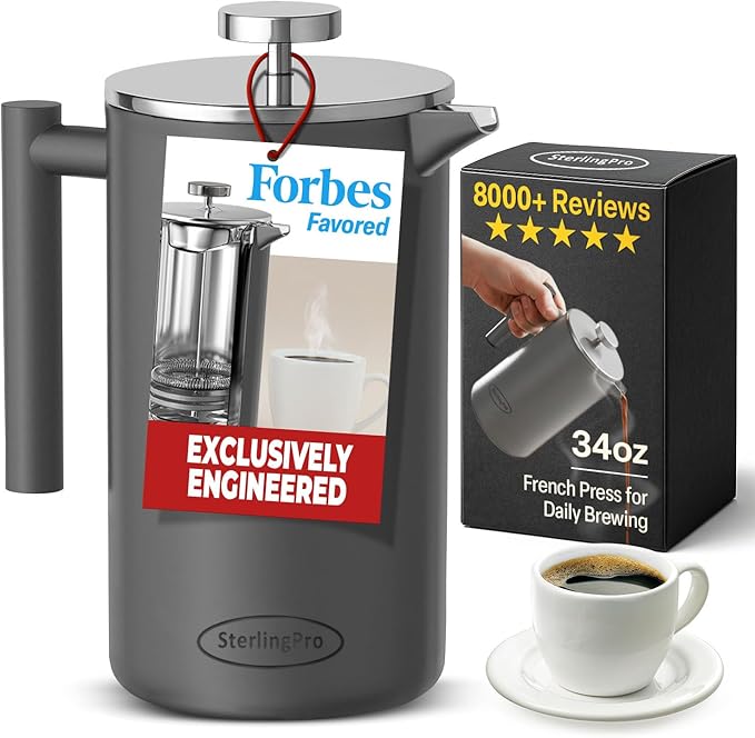 SterlingPro Stainless Steel French Press Coffee Maker 1 L (34 oz) Grey – Double Walled Insulated Large Coffee Press, Durable Design Keeps Drinks Hot, Easy to Use and Clean for Rich Flavor Brewing