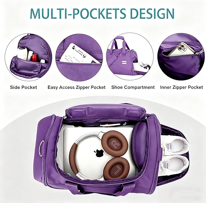 Gym Bag for Men & Women - 30L Duffel Bag with Shoe Compartment, Weekender Water Resistant Duffle Bag for Travel, Sports, Fitness & Workouts, Purple