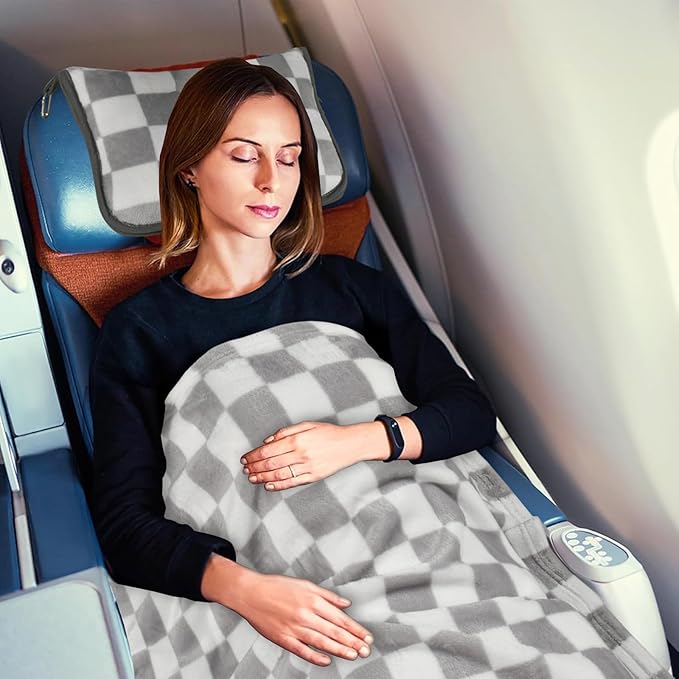 Travel Blanket and Pillow Compact, Premium Soft 2 in 1 Airplane Blanket with Soft Bag Pillowcase，Hand Luggage Sleeve and Backpack Clip (Grey Checkered)
