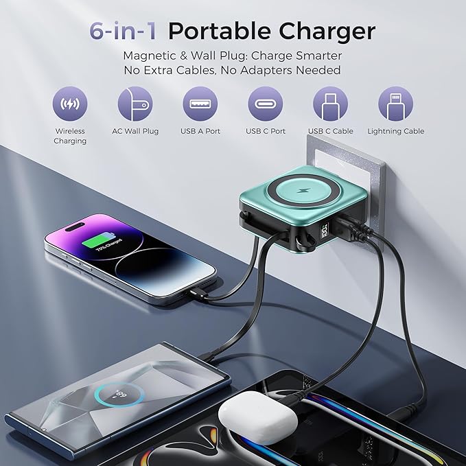 6-in-1 Magnetic Wireless Portable Charger 10000mAh – 22.5W Fast Charging with AC Wall Plug Built-in USB-C & Lightning Cables for iPhone 17/16/15/14/13/12, Android & Samsung(Green)