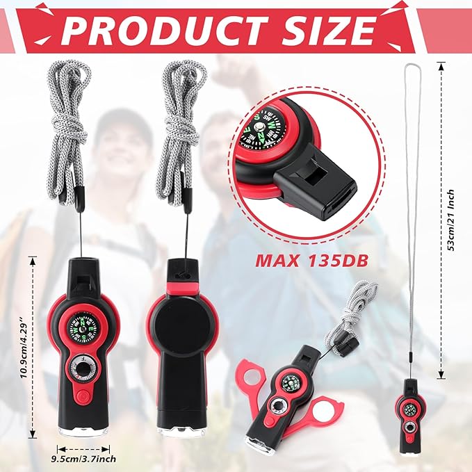 Arrowbash 12 Pack Emergency Survival Whistle 7-in-1 Compass Hiking Survival Safety Whistle with Lanyard Outdoor Multifunctional Tool Ideal for Hiking Camping Rescue Signaling