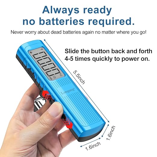 Battery-Free Digital Luggage Scale, 110lbs/50kg Portable Handheld Hanging Scale for Luggages, Suitcases, Backpacks & Bags, Easy Weighing for Travel, No Need Batteries (Blue)