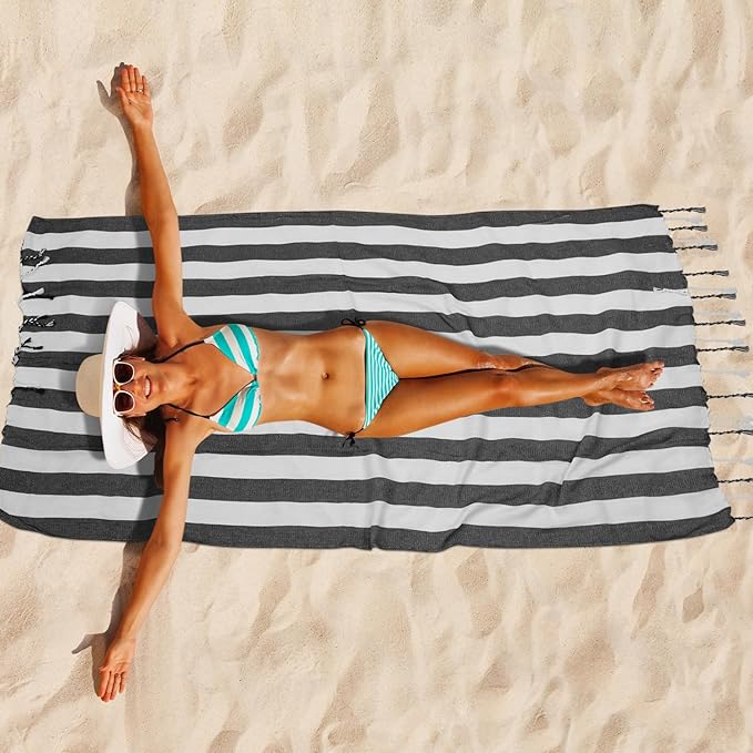 Set of 6 Turkish Beach Towel, Cotton Beach Towels, 36 x 71 Inches Turkish Towel, Sand Free, Quick Dry, Lightweight Beach Towels for Adult Black