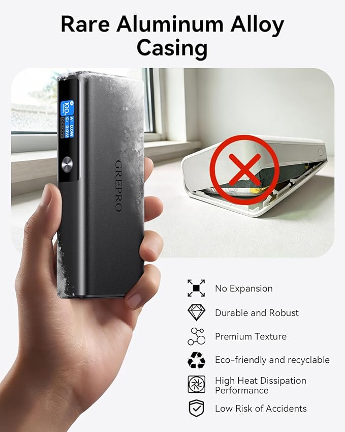 GREPRO Laptop Power Bank, 20000mAh 3-Port Travel Essential Portable Charger with 100W USB-C Port, Aluminum Alloy Unibody Fast Charging Battery Pack for iPhone 17/16/15/14 Series, MacBook, Samsung