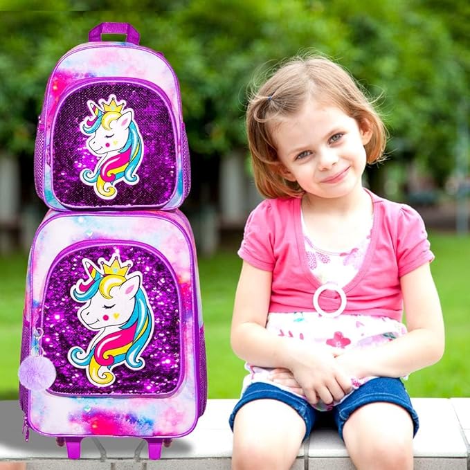 2Pcs Kids Suitcase, 18" Girls Carry on Luggage With Wheels, Unicorn Suitcases with toddler Backpack(Purple)