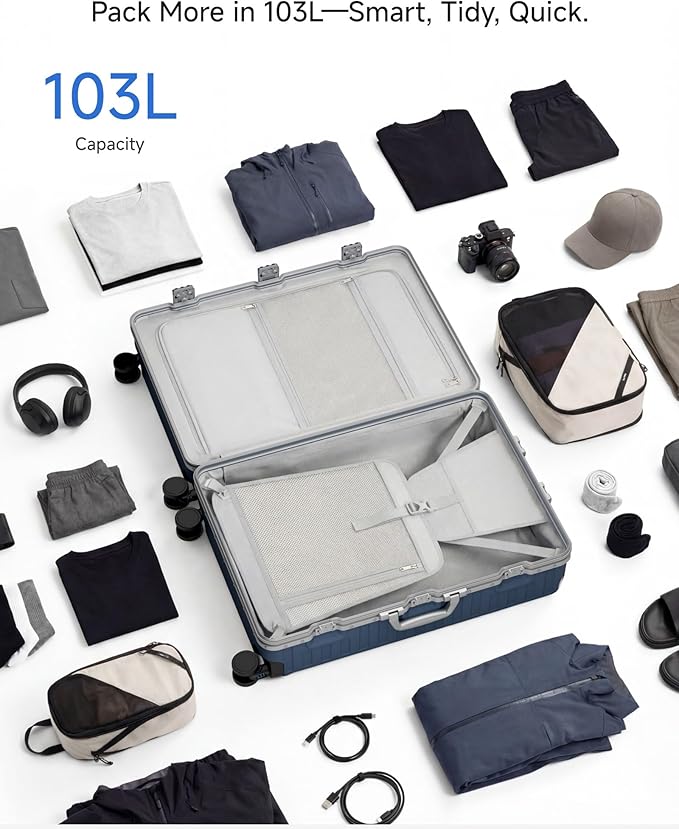 LUGGEX Checked Suitcase with Spinner Wheels, 8010S Aluminum Frame Zipperless Polycarbonate Hard Shell Suitcase (ZX-Core, Silver, 28 Inch)