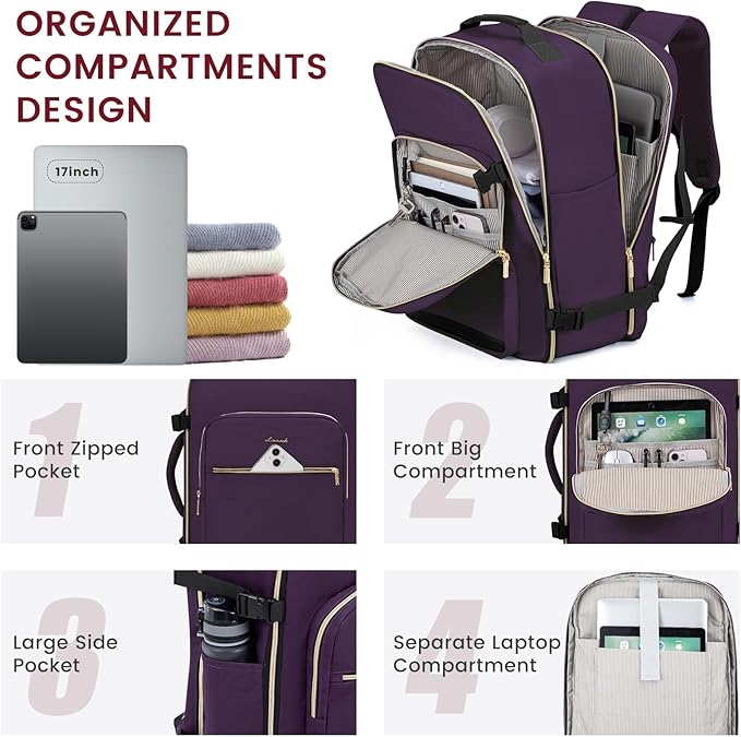 LOVEVOOK 40L Large Travel Backpack for Women Men, 17 Inch Carry on Backpack for Traveling on Airplane, Personal Item Travel Bag Airline Approved, Business Causal Weekender Backpack, Purple-Black