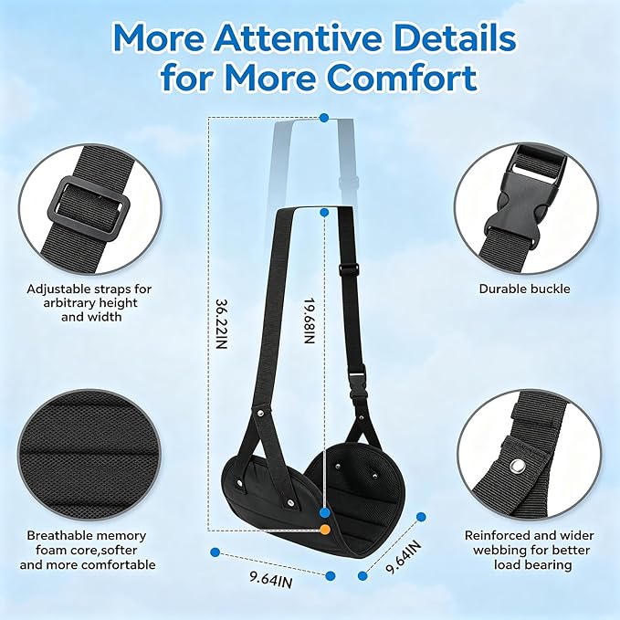 Ergonomic Airplane Pillow and Airplane Foot Hammock, Ultra Portable Neck Pillow with 360° Head Support, Portable Travel Foot Rest with Adjustable Strap, Includes Eye Mask & Ear Plugs, for Flight, Car
