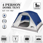 Happy Travel Camping Tent, 4 Person Dome Tents for Camping with Rainfly, Waterproof Clip Easy Setup Portable Family Tent with Mesh Windows, 20% More Headroom Backpacking Tents for Camping & Hiking
