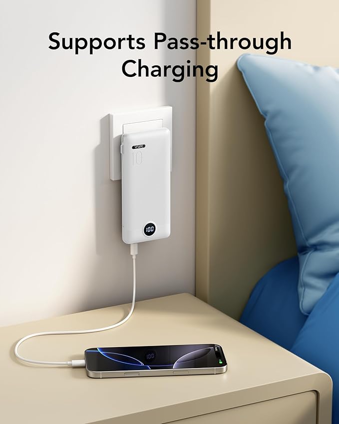 VRURC Portable Charger Power Bank - 10000mAh Fast Charging 22.5W PD 20W Slim Portable Charger Built in Cables,Power Bank with Cords,USB C Portable Phone Charger Travel Accessories -White