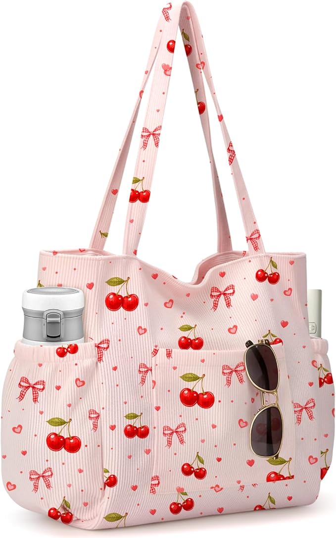 Corduroy Tote Bag for Women,Large Capacity Cute Tote Bags With 6 Pockets,Crossbody Shoulder Handbag for Work Travel Gym