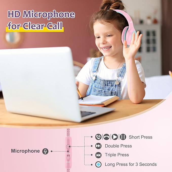 Voopwink Kids Headphones Wired with Microphone, USB Type C Headphones for Kids Girls Boys with Cord/LED Lights/85/94dB Volume Limit, Portable Over Ear Headphones for School/Travel/Tablet/iPad