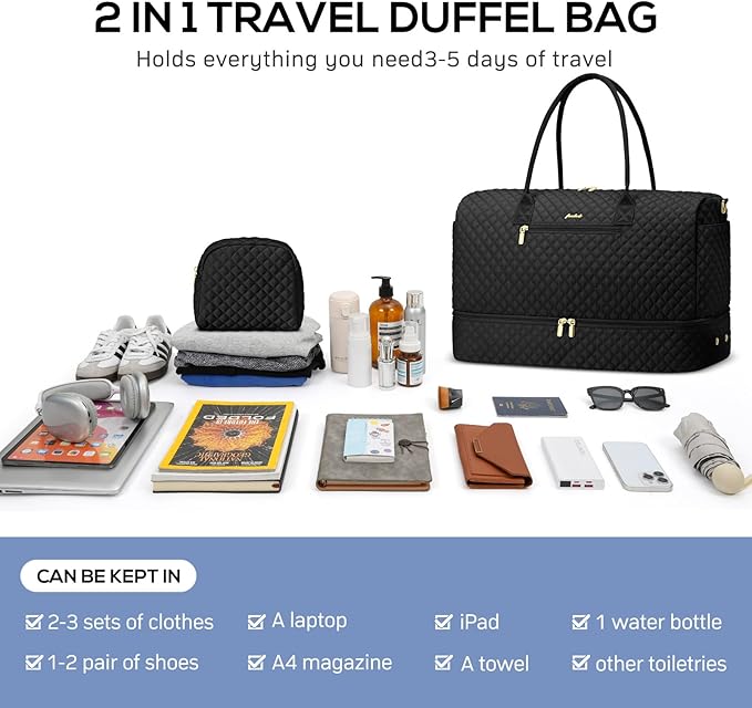 Travel Weekender Bags for Women - Duffle Bag Women with Shoe Compartment Carry On Overnight Bag with Toiletry Bag Duffel Bags with Wet Pocket for Gym Hospital Bags Black for College