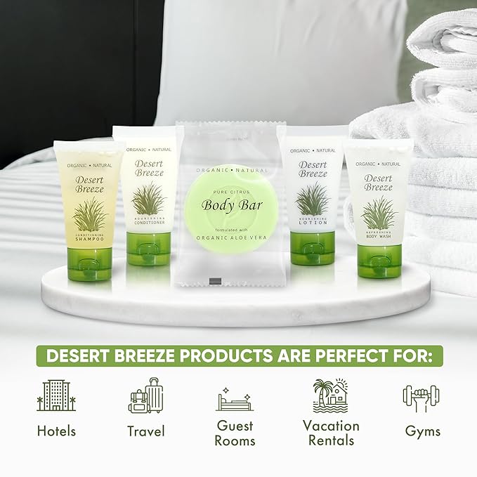 Travel Size Hotel Toiletry Set 300 Count 1 oz Bottles Guest Amenities for Vacation Rentals and Short Term Rentals Paraben Free Green Tea Lemongrass Scent Infused with Aloe and Olive Oil |Desert Breeze