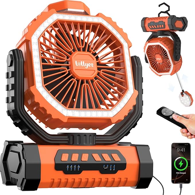 Portable Fan, AI Outdoor Rechargeable Camping Fan with Light, 20000mAh Battery Powered, 360° Rotating Hook, 4 Speeds for Indoor, Traveling, Tenting, RVing, Fishing, Beach (Orange)