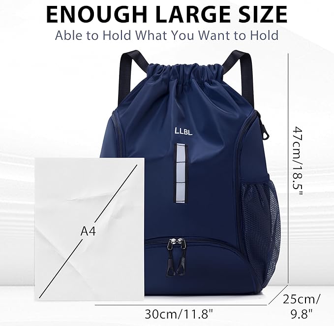 Drawstring Gym Backpack, Sports Bag with Adjustable Shoulder Straps, Cinch Sack for Fitness, Swimming, Travel (Navy)
