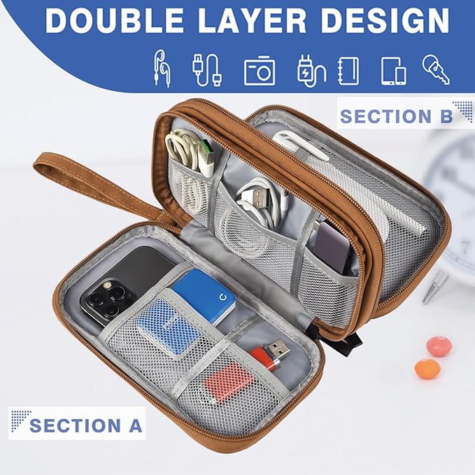 CAAORDKSO Travel Cable Organizer Pouch Electronic Accessories Carry Case Water Resistant Accessories Organizer Pouch Bag for Cable, Cord, Charger, USB, Phone, Power Bank, Earphone (Brown, Medium)
