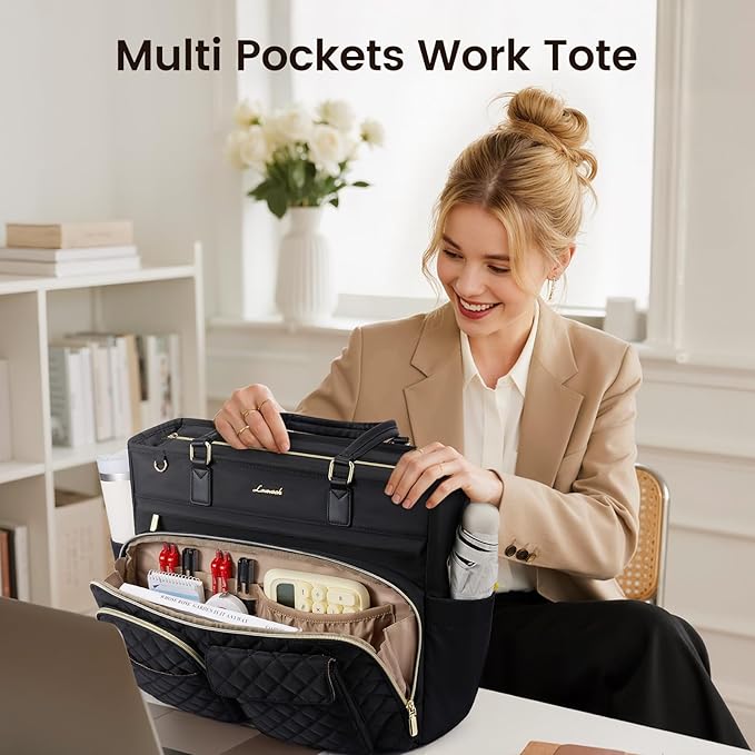 LOVEVOOK Tote Bag, Work Bags for Women with Large Cup Holder, Large Capacity Teacher Tote with Multi Pockets, Water Resistant Nurse Diaper Tote with Padded Laptop Compartment, 15.6 Inch Black