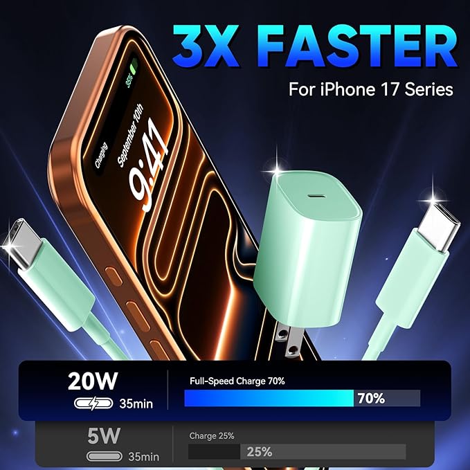 Phone 17 16 15 Pro Charger Fast Charging, 20W USB C Fast Charger Block with 3FT Long Type C Chargers Fast Charging Cable Cord for Phone 17/17 Pro/17 Pro Max/Air/16 Pro Max/16 Pro/15Pro Max/Pro, S24