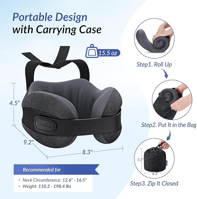 ZIKEE Dual-Layer Memory Foam Neck Pillow for Airplane, Travel Pillow with Seat Straps to Secure Head & Neck, Ergonomic Ear-Friendly Neck Pillow for Traveling with Breathable Vent Holes, Airy Cover