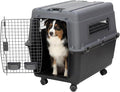 SportPet Airline Compliant LARGE 31.5" Travel Dog Kennel- Durable Plastic Airline Pet Carrier w/ Removable Wheels & Food Bowls, Collapsible Indoor/Outdoor Dog Kennel, Dogs up to 28"L & 20"H-Dark Gray