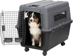 SportPet Airline Compliant LARGE 31.5" Travel Dog Kennel- Durable Plastic Airline Pet Carrier w/ Removable Wheels & Food Bowls, Collapsible Indoor/Outdoor Dog Kennel, Dogs up to 28"L & 20"H-Dark Gray