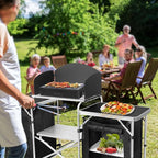 CampLand Folding Camping Kitchen Table with Windscreen,Portable Outdoor Cooking Station with Storage Cabinet & Side Tables Heavy Duty Camp Cook Station for Camping & BBQ (Black2cabinet)
